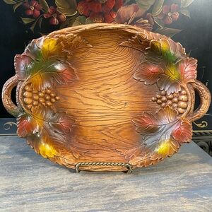 Vintage brown Fall leaves harvest fruit basket serving tray MCM decor USA